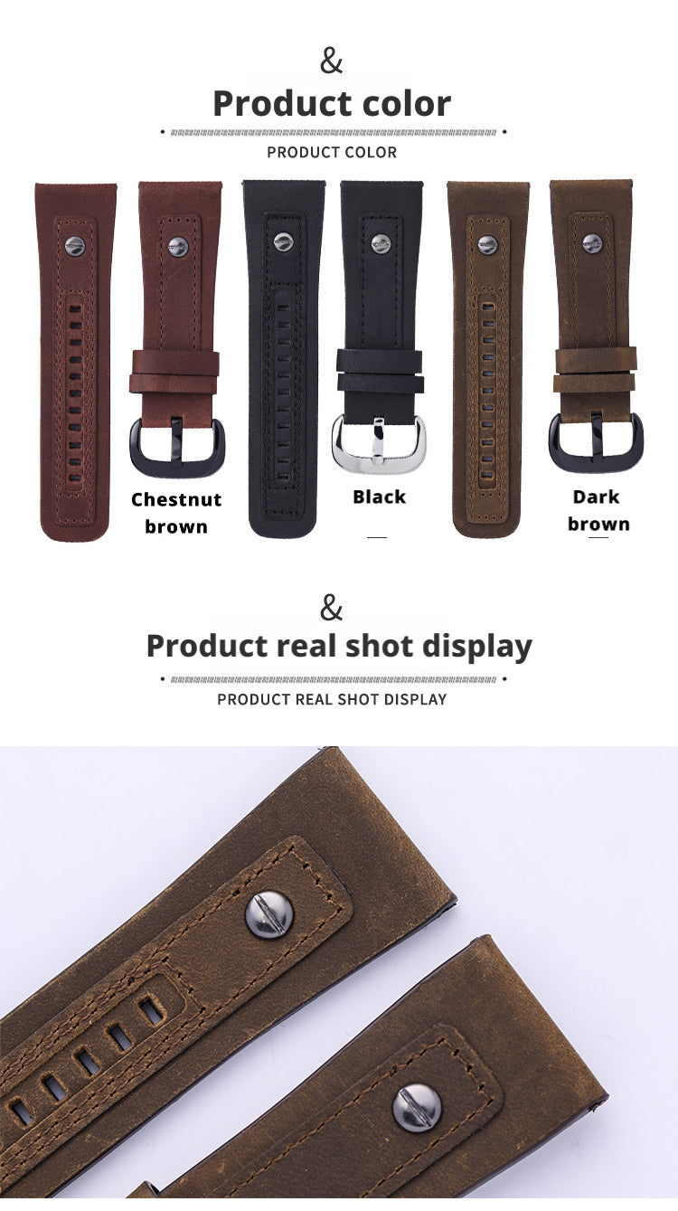 Matte Genuine Leather Watch Strap Vintage Crazy Horse Style with Studs