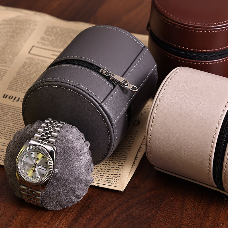 Round PU Leather Travel Portable Watch Storage Case