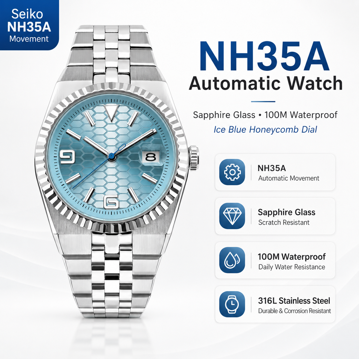 NH35A Automatic Men’s Watch – Ice Blue Honeycomb Dial, Sapphire, 100M Waterproof