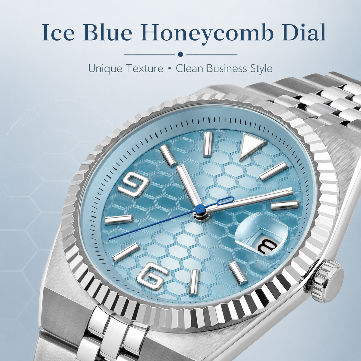 NH35A Automatic Men’s Watch – Ice Blue Honeycomb Dial, Sapphire, 100M Waterproof