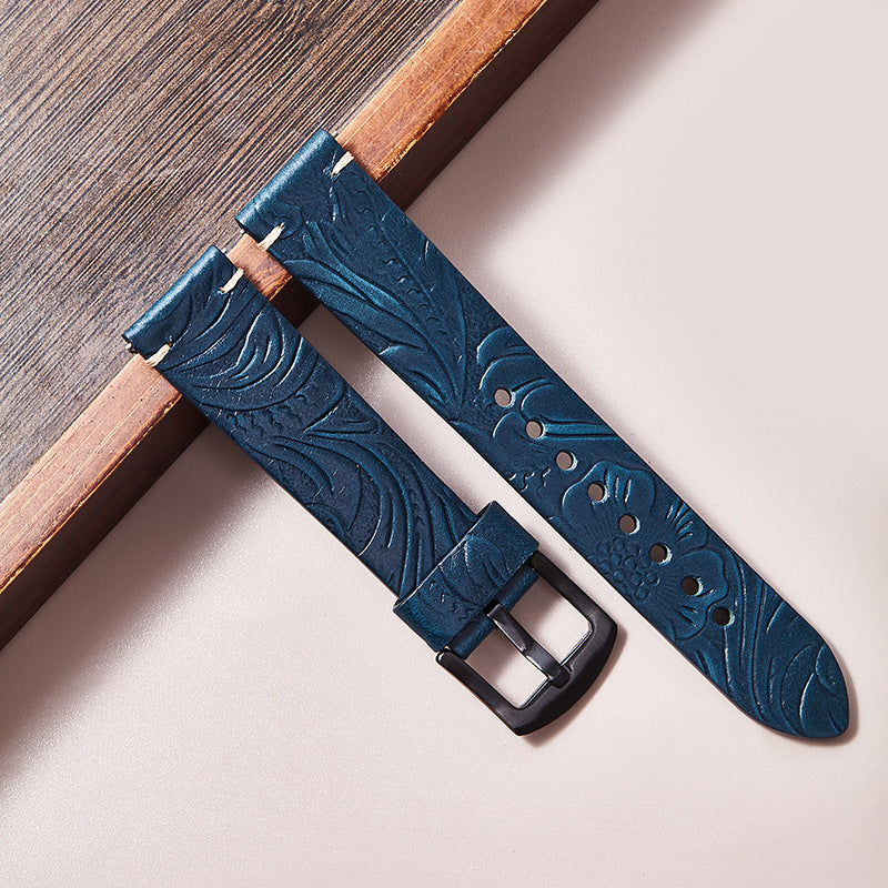 Cut edge embossed genuine leather watch strap