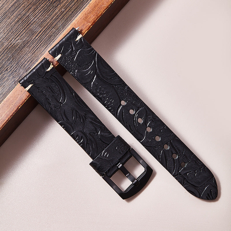 Cut edge embossed genuine leather watch strap