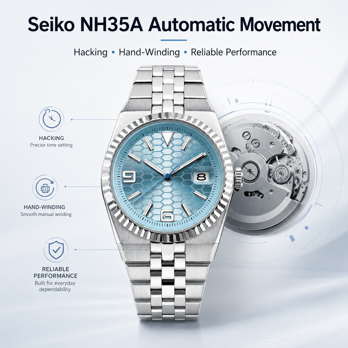 NH35A Automatic Men’s Watch – Ice Blue Honeycomb Dial, Sapphire, 100M Waterproof
