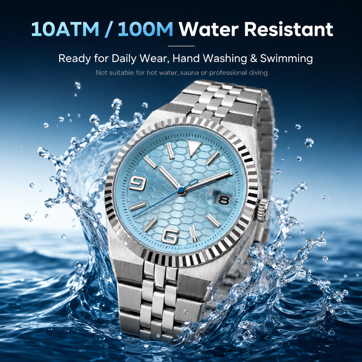 NH35A Automatic Men’s Watch – Ice Blue Honeycomb Dial, Sapphire, 100M Waterproof