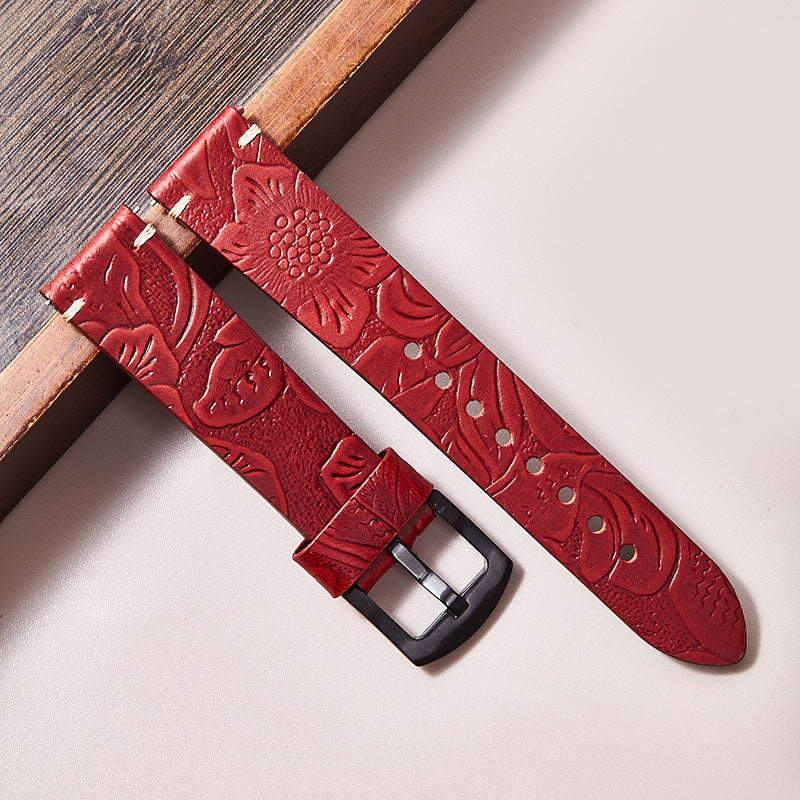 Cut edge embossed genuine leather watch strap
