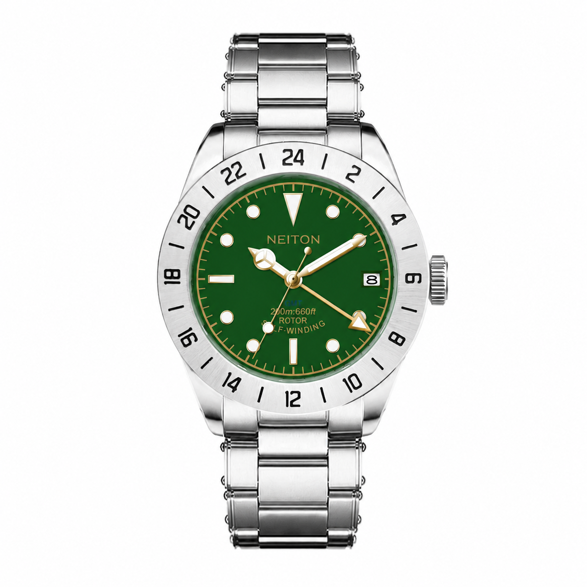 GMT watch with a green and yellow dial