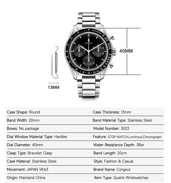 Corgeut 9005 VK63 Movement Sapphire Mirror 100m waterproof