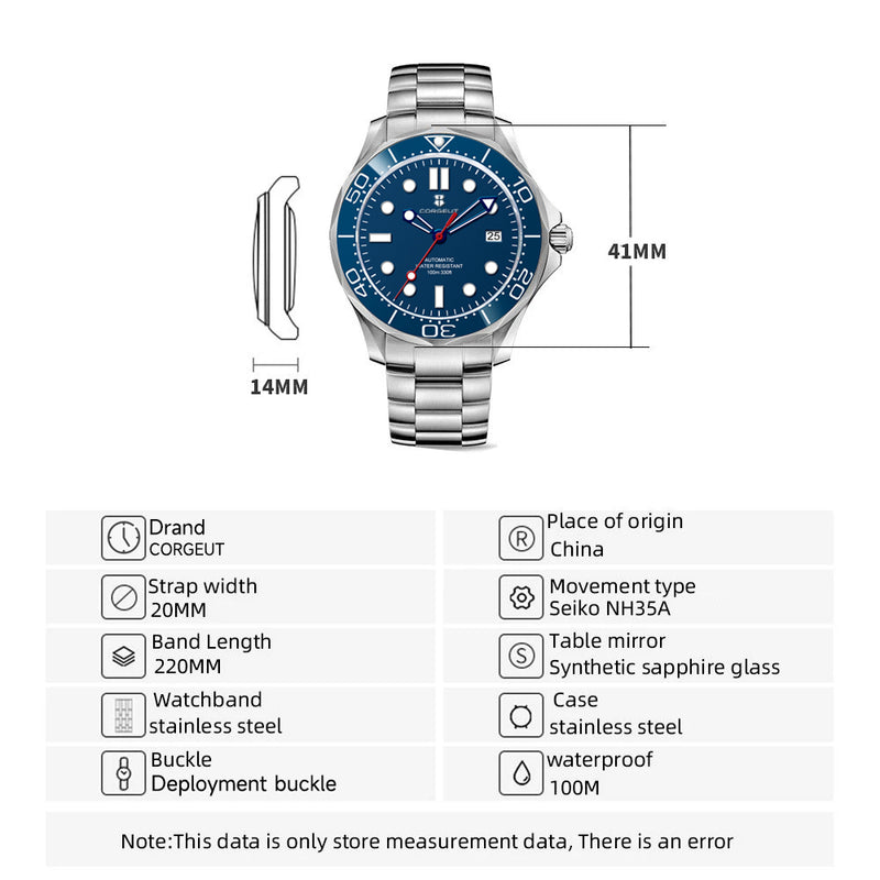 Corgeut 6008 NH35 Movement Sapphire Mirror 100m waterproof