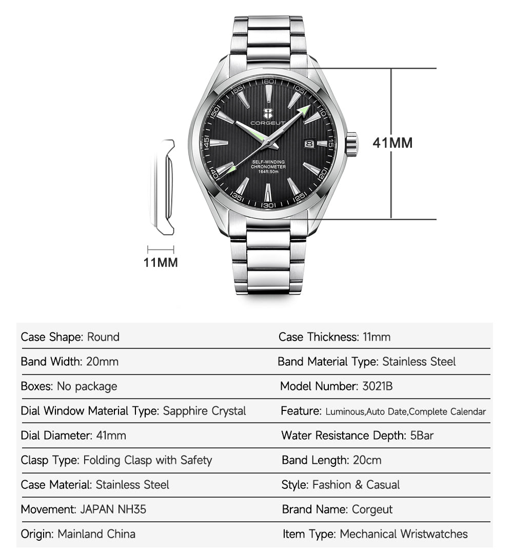Corgeut 6010 NH35 Movement Sapphire Mirror 100m waterproof