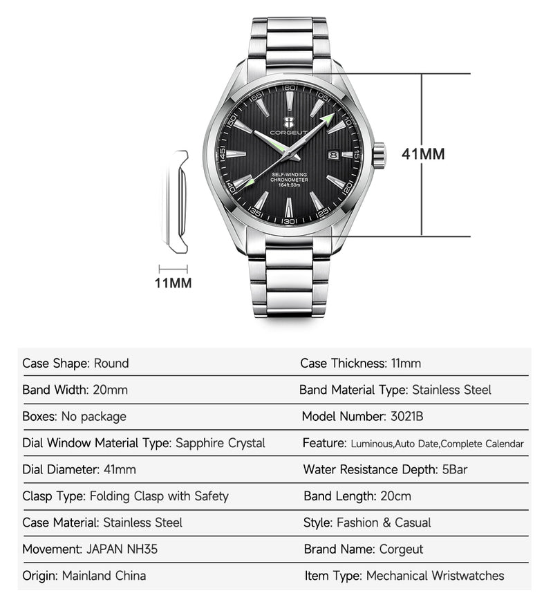 Corgeut 6010 NH35 Movement Sapphire Mirror 100m waterproof