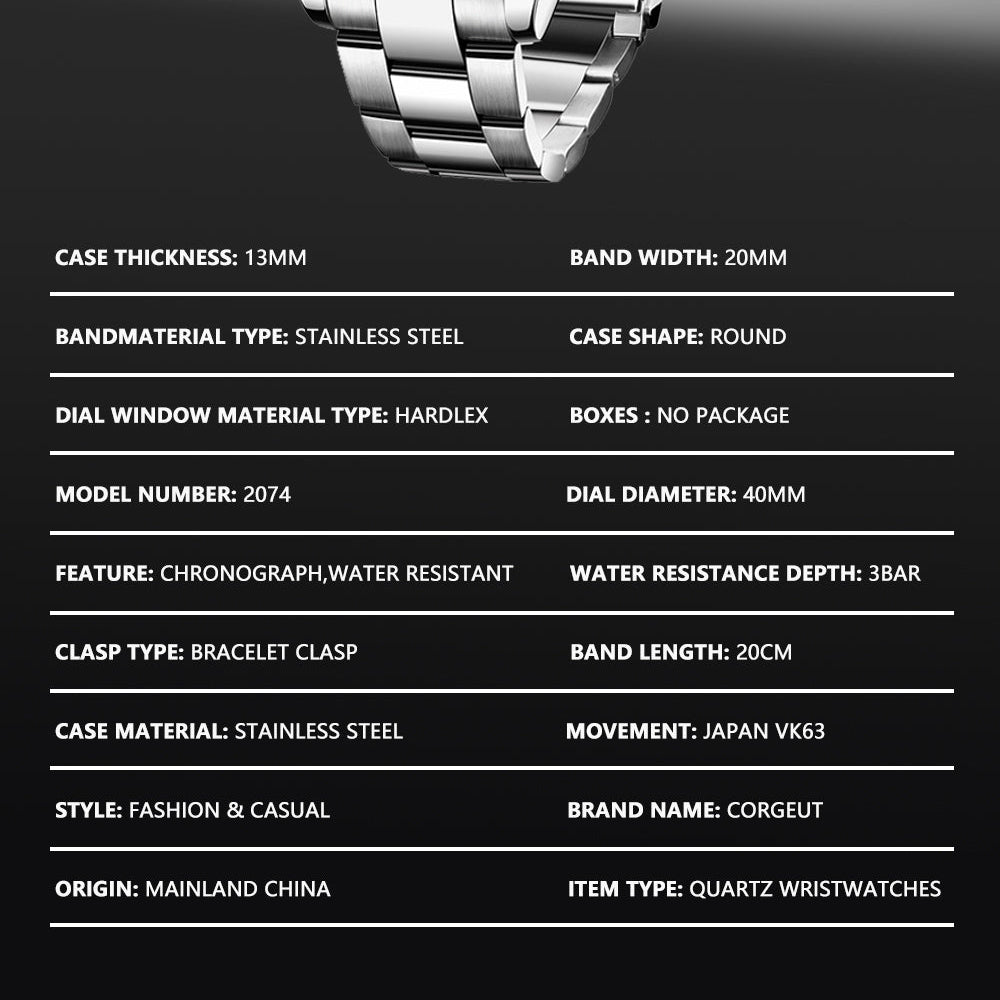 Corgeut 9002 VK63 Movement Sapphire Mirror 30m waterproof