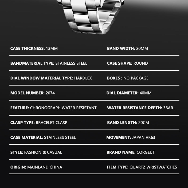 Corgeut 9002 VK63 Movement Sapphire Mirror 30m waterproof